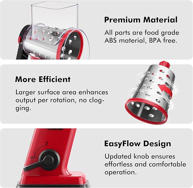 Geedel Upgraded Rotary Cheese Grater Hand Crank, Vegetable Shredder Slicer | 4 Blades, Stronger Suction Base, Wider Chute, 18x Faster Cutting, No BPA, Stainless Steel, for Cheese, Veggies, Nut
