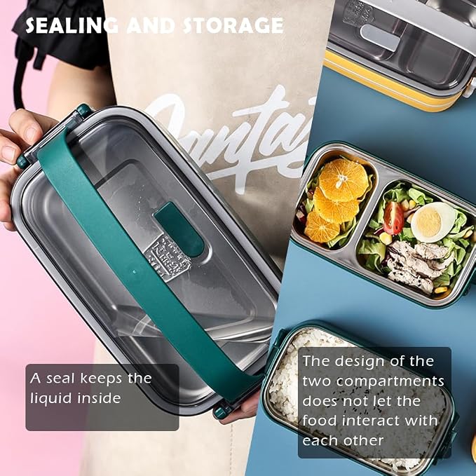 Bento Box Adult Lunch Box (74 Oz Large Capacity), Reusable, Leak-Proof, Including Lunch Bag, Fork And Spoon, 3 Dividers, Suitable For Work, Picnic, Dishwasher And Microwave Safe.(Green)