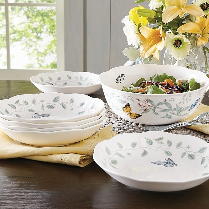 Lenox Butterfly Meadow Porcelain 7-Piece Bowl Set for 2 | dishwasher safe | plates and bowls sets for kitchen and dining | 84oz capacity, 10 inch diameter | 3.5 inch