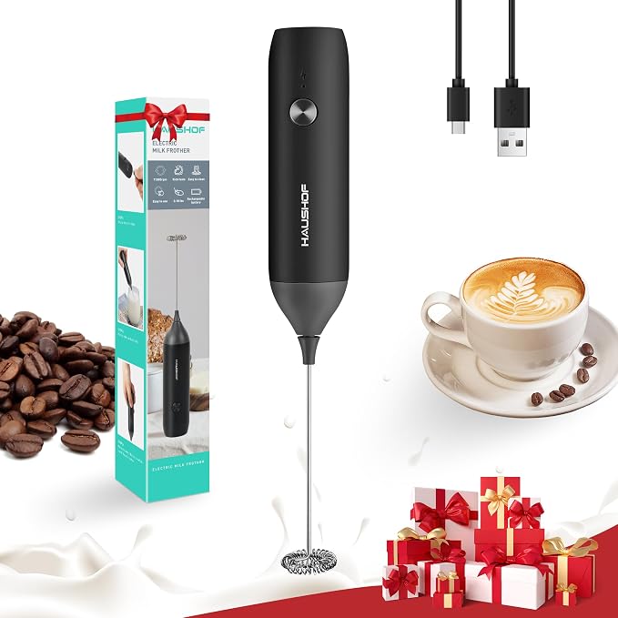 HAUSHOF Handheld Rechargeable Milk Frother Wand, Electric Coffee Mixer | Portable Coffee Frother, Detachable Stainless Steel Whisk, Drink Mixer for Matcha, Latte, Cappuccino, No Stand, Black