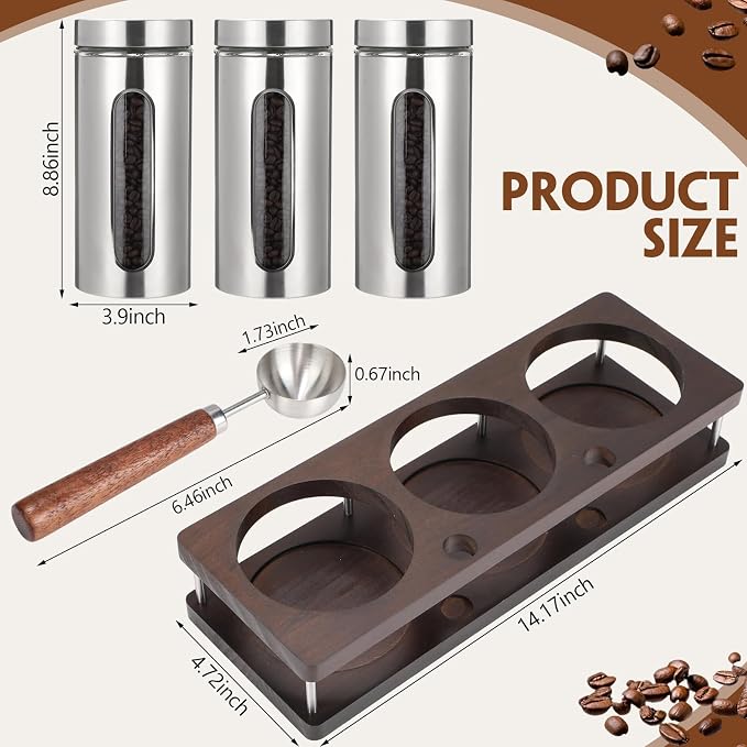 Stainless Steel Coffee Grounds Canisters Container with Shelf | 3 x 50oz, Sugar Coffee Bean Storage Container Set, Airtight Threaded Lid, Glass Window, Scoop, Kitchen Jar for Coffee Bar