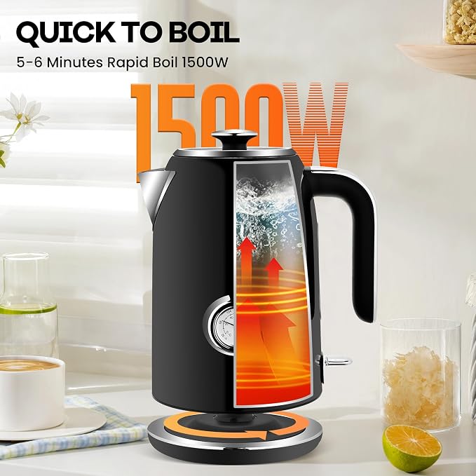 PUKOMC Electric Kettle, 1.7L Stainless Steel Electric tea kettle | Temperature Gauge, Fast Boiling, Auto Shut - off, BPA - Free, Boil - Dry Protection 1500W, LED Light, Easy clean