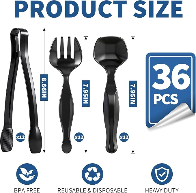 36 Pcs 9 Inch Plastic Serving Utensils Set, for Large Party | 12 Black Spoons + 12 Forks + 12 Tongs, Heavy Duty Disposable Tableware, for Buffet, Catering, Salad, Pasta and Soup