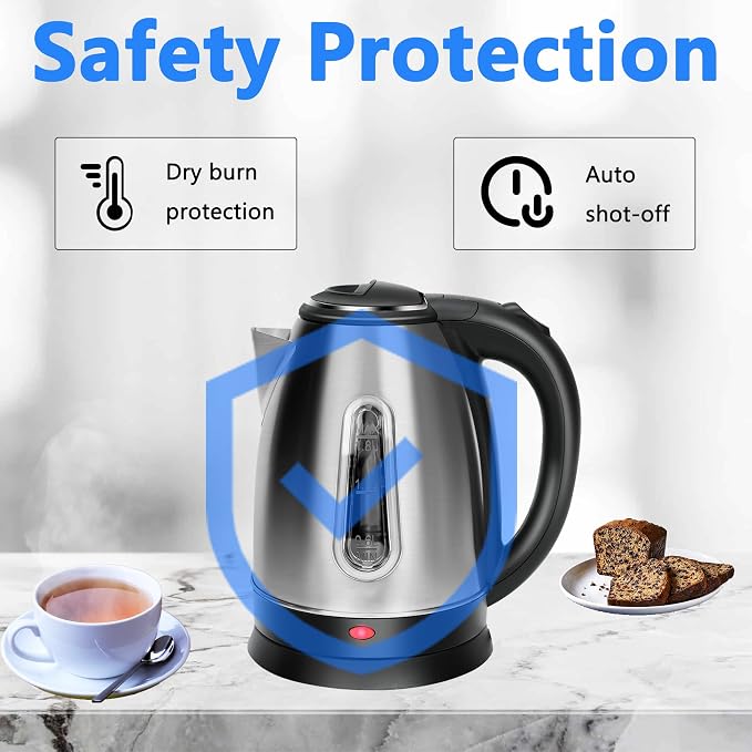 Electric Kettle, Stainless Steel 1.8 L, Fast Boiling, Auto Shut Off | Best For Coffee & Tea, Hot Water Boiler, No Plastic Contact with Water, Boil-Dry Protection, Water Window, LED Light, 1100W