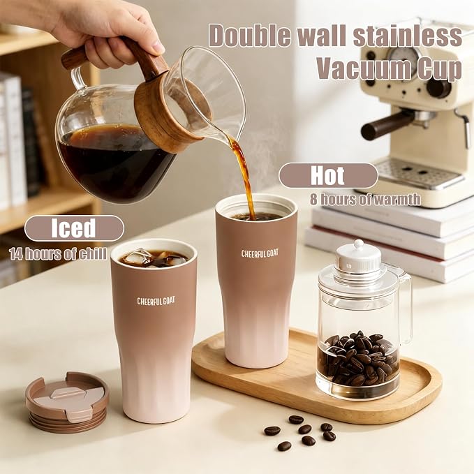 CHEERFUL GOAT Ceramic Lined Coffee Travel Mug – Stainless Steel Travel Coffee Tumbler with Ceramic Liner, with lid, 21 OZ Cup for Hot and Cold Water Coffee at Home, Office, or On the Go (Latte Ombre)