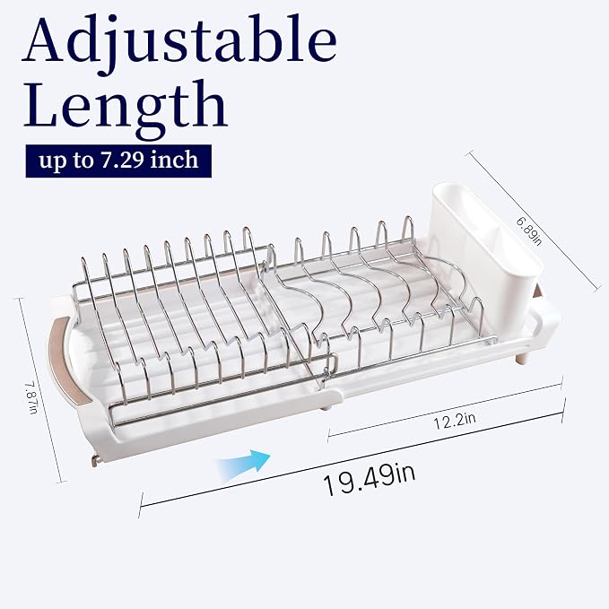 Dish Drying Rack Compact Expandable - A Space-Saving, Stainless Steel, Rust-Resistant Dish Drainer for Kitchen and Apartment Countertops/Sink Cabinets, Extendable from 11.42 to 19.9 inches (White)