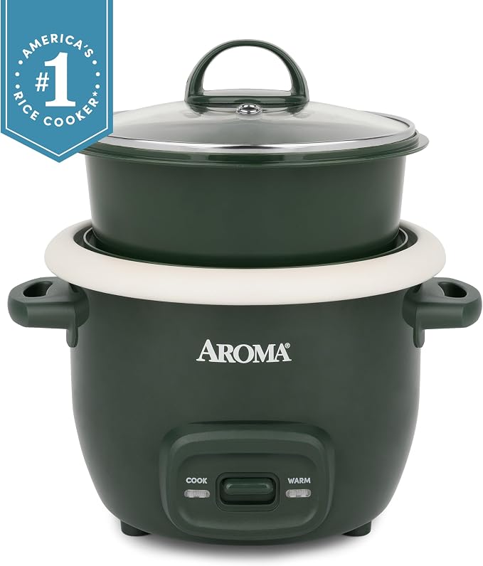AROMA CoreCoat™ Mini Rice Cooker (3 Cups Cooked) with Nonstick Ceramic Pot Coating, Glass Lid, and Pop-Up Steamer Tray, 0.8 Quart