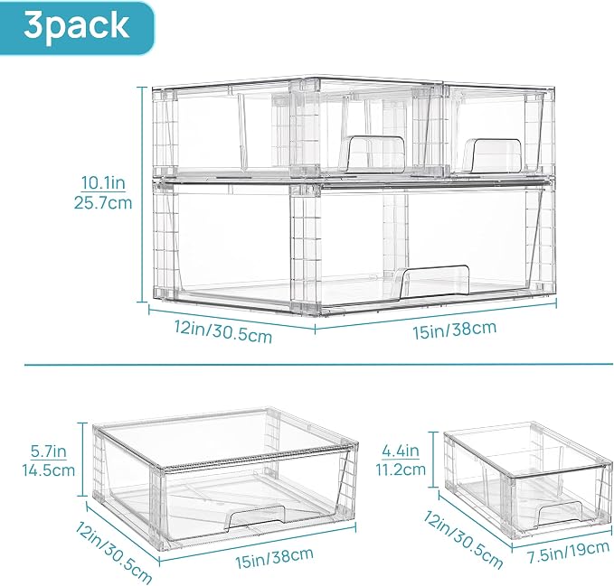 Vtopmart Clear Stackable Storage Drawers, 3 Pack Wide Organizer Set | Wide and Small Pull-Out PET Drawers with Stackable Design for Bathroom Organization, Cabinets, Closets, Pantry and Medicine