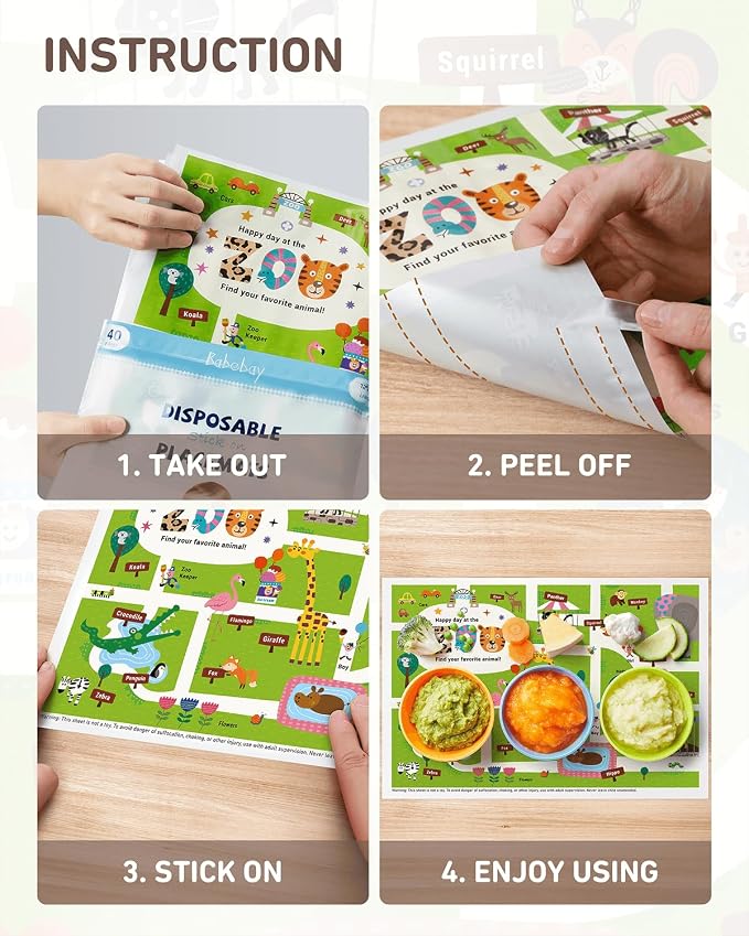 Babebay Disposable Stick-on Placemats 40 Pack for Baby & Kids & Toddler, Sticky Placemats Restaurant Table Mats 12" x 18" (Happy Zoo)