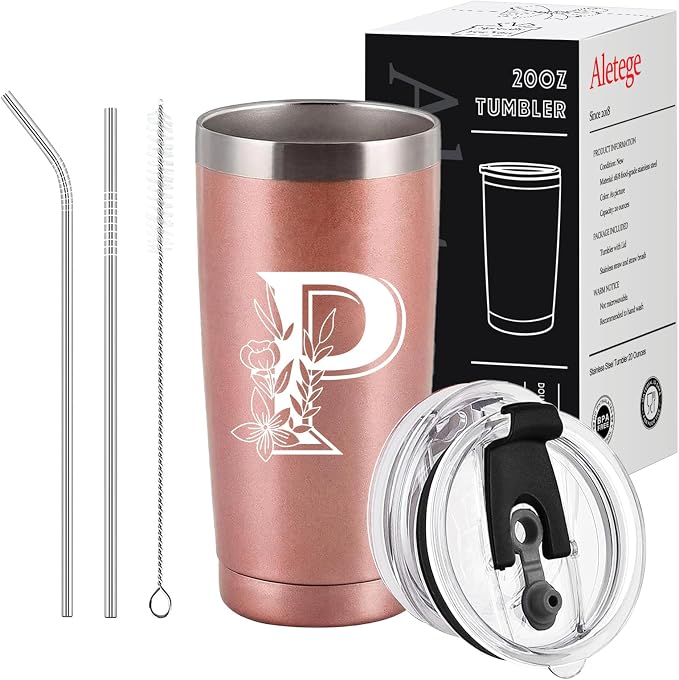 Letter P Insulated Travel Cup with Lid, Personalized Initial Mugs for Women, Letter P Gift Coffee Mugs for Women, Wife, Mom, Grandma, Bridal Shower Gifts, 20 OZ Rose Gold Two Lids