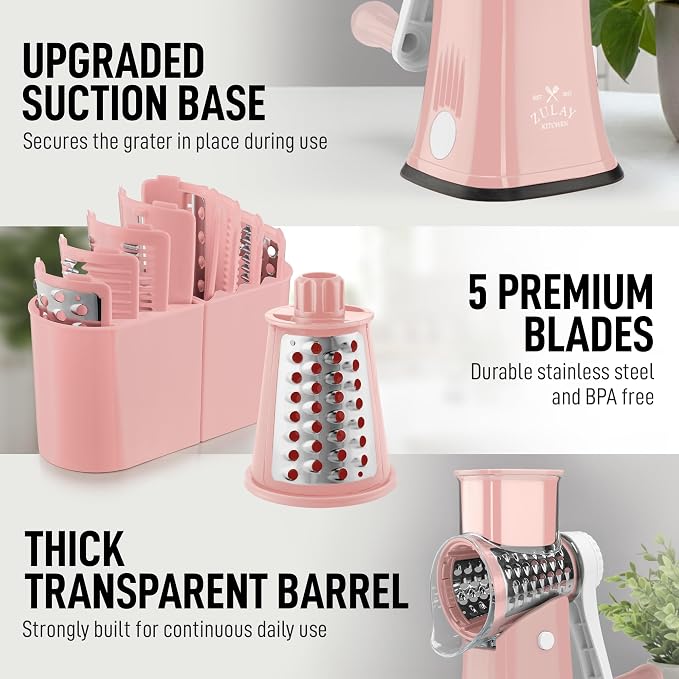 Zulay Kitchen Rotary Cheese Grater 5 Blade Cheese Shredder - Manual Hand Crank Cheese Grater With Reinforced Suction & 5 Interchangeable Drums - Easy to Use, Vegetable Chopper Round Mandoline Slicer