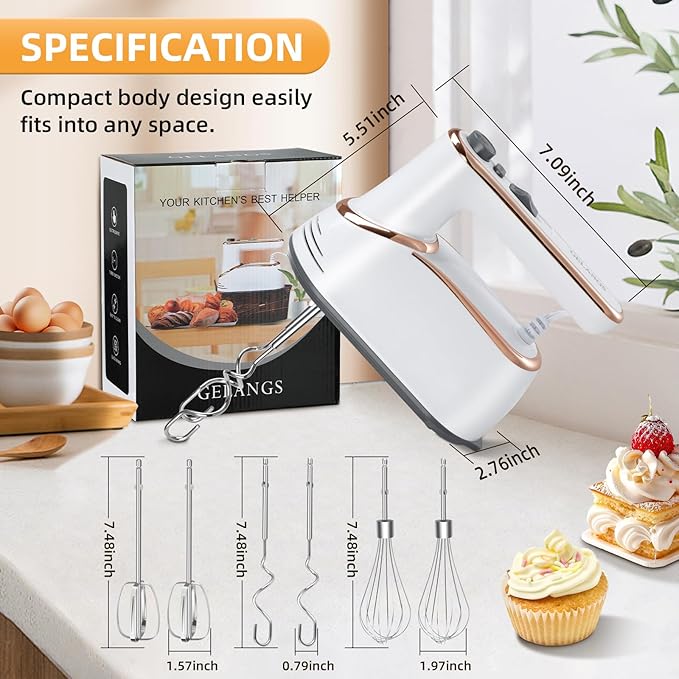 Hand Mixer, 5-Speed Electric with Turbo Boost, White, Copper Motor, 400W, Dishwasher-Safe Attachments for Baking, Whipping, Dough