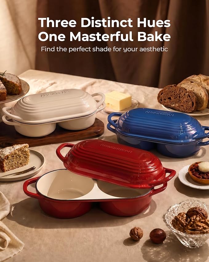 Mini Double Dutch Oven for Sourdough, Enameled Cast Iron Bread Pan, White | Double Loaf Bread Pan with Lid, Mini Sourdough Dutch Oven for Bread Baking