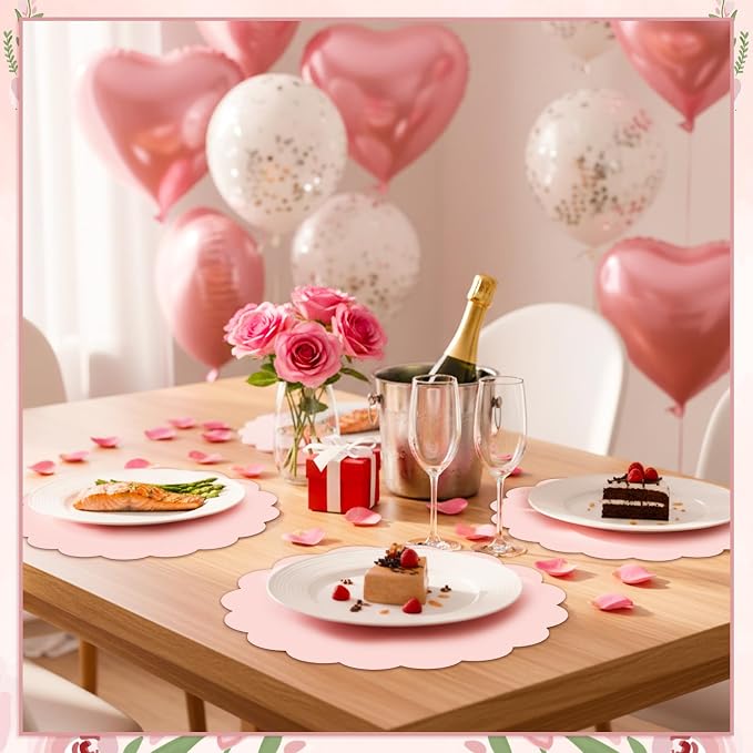 60 Pcs Light Pink Paper Placemats, 13.5 Inch Disposable Scalloped Placemat | Round Table Place Mats Decorative Paper for Girls Birthday Wedding Bridal Shower Baby Shower Banquet Tea Party