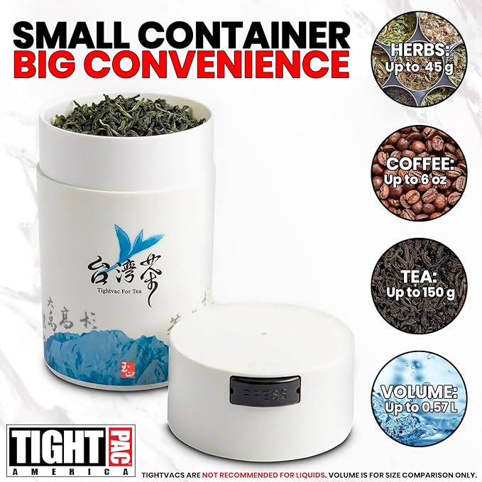 Teavac 6-Ounce Vacuum Sealed Tea Storage Container, White Cap and Body/Blue Tea Sign