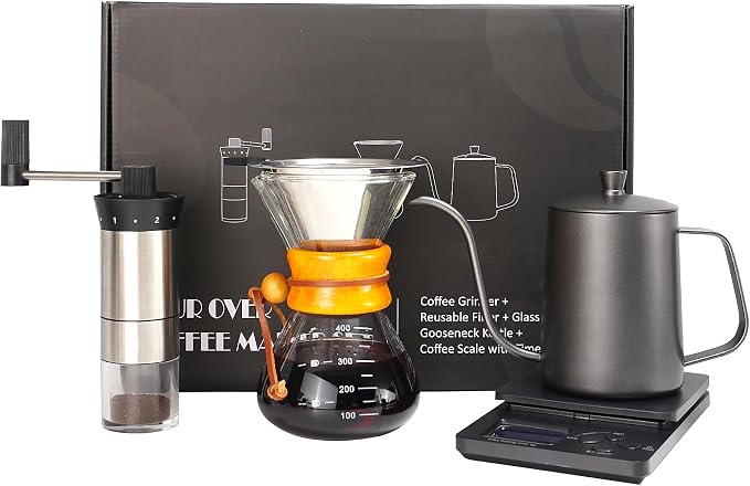 Pour Over Coffee Maker Set with Manual Coffee Grinder and Coffee Scale | Complete Coffee Maker Set, Pour Over Coffee Dripper and V60 Coffee Filter Set, Hand Coffee Grinder Set, Ideal Birthday Gift