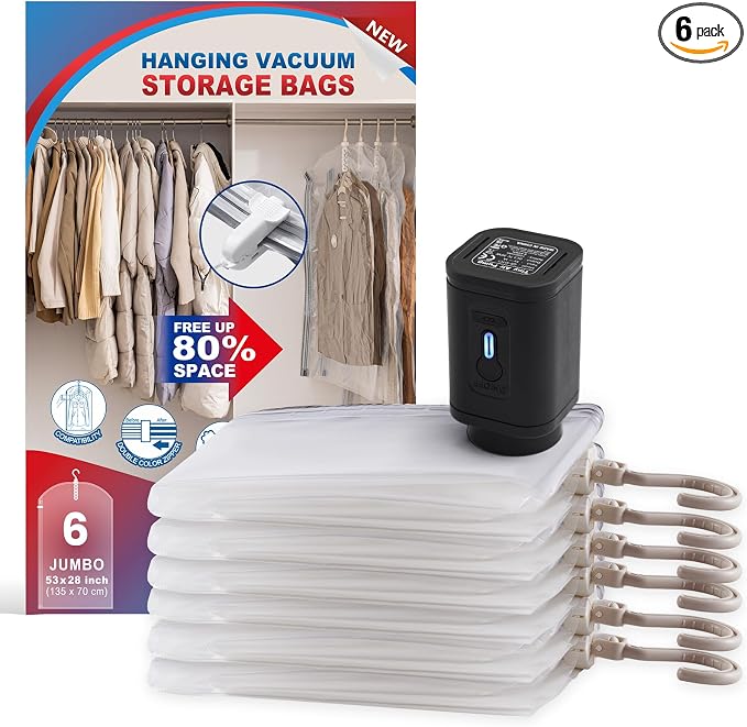 Hanging Vacuum Storage Bags, Space Saver for Clothing, 6 Long with Pump | Vacuum Seal Bags for Clothing with Electric Pump, Hanging Garment Storage for Jackets, Suit, Dresses, Winter Closet Organizer