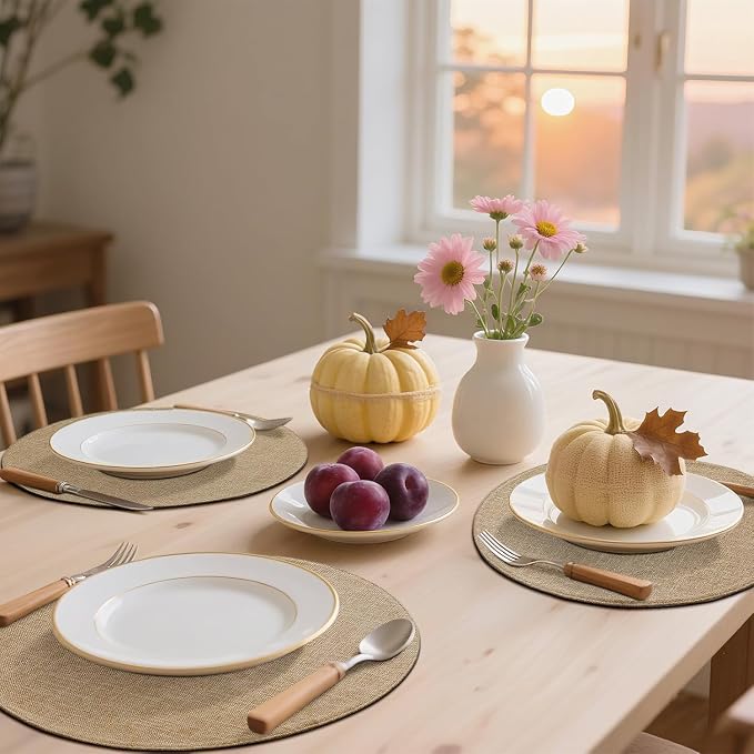 Cotton Linen 15 Inch Round Cloth Place mats, Set of 4, Linen | Washable Table Mats, Heat Resistant, Reversible, Wipeable Place Mats for Indoor Outdoor