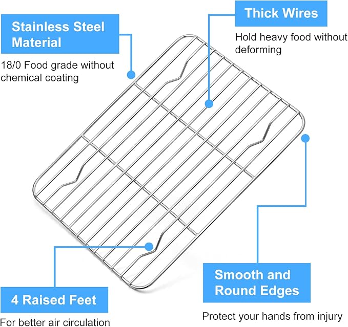 P&P CHEF 4 Pcs Baking Wire Rack for Cooling, 9.7 Inch | Rectangle Cooling Racks for Cooking and Roasting, Fit for Oven Pan, Healthy & Non-Toxic, Rust Free & Dishwasher Safe