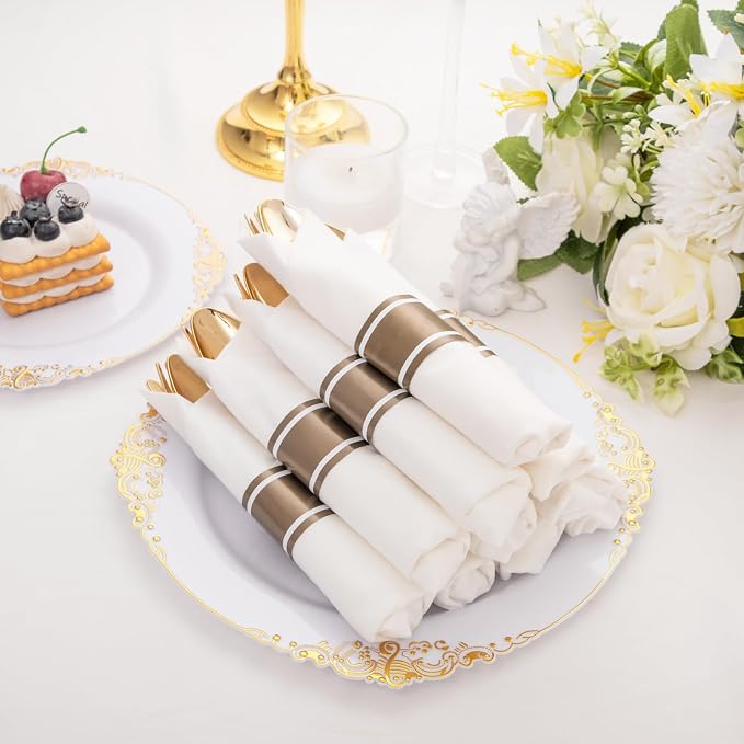 400PCS Gold Wrapped Silverware Disposable Fancy for Parties Weddings | Pre-Rolled and Individually Wrapped, 100 Guests, Durable and Sturdy, BPA free, Includes Matching Napkins, for Elegant Dinners