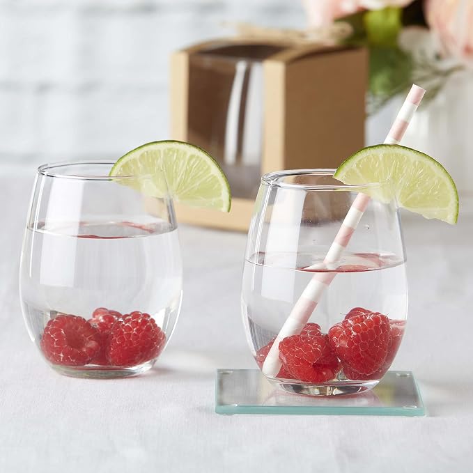 Kate Aspen 9 oz Stemless Drinkware Set of 12 - Clear Glass Cups for DIY Crafts, Party Favors, Bridal Events, Red or White Stemware, Small Tumblers, Decorative Barware, Unique Table Gifts