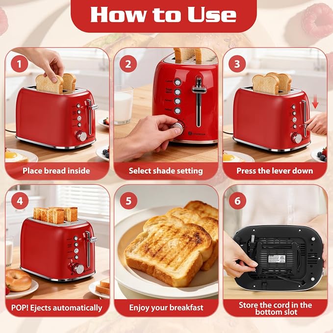 Aigostar Toaster 2 Slice, Retro Extra-Wide Slot, Red | Best Rated Prime, For Toasting Bagels, Breads, Waffles & More, Cancel, Defrost & 6 Browning, Removable Crumb Tray