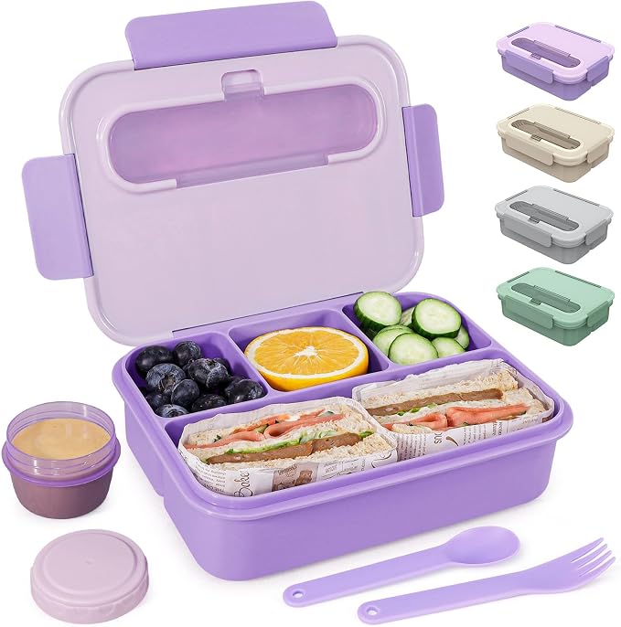 Caperci Bento Box Adult - 50 oz Large Lunch Containers for Adults and Teens, 4-Compartment Bento Lunch Box with Utensils & Leak Proof Sauce Cup, Dishwasher Safe, Durable, BPA-Free (Lavender)
