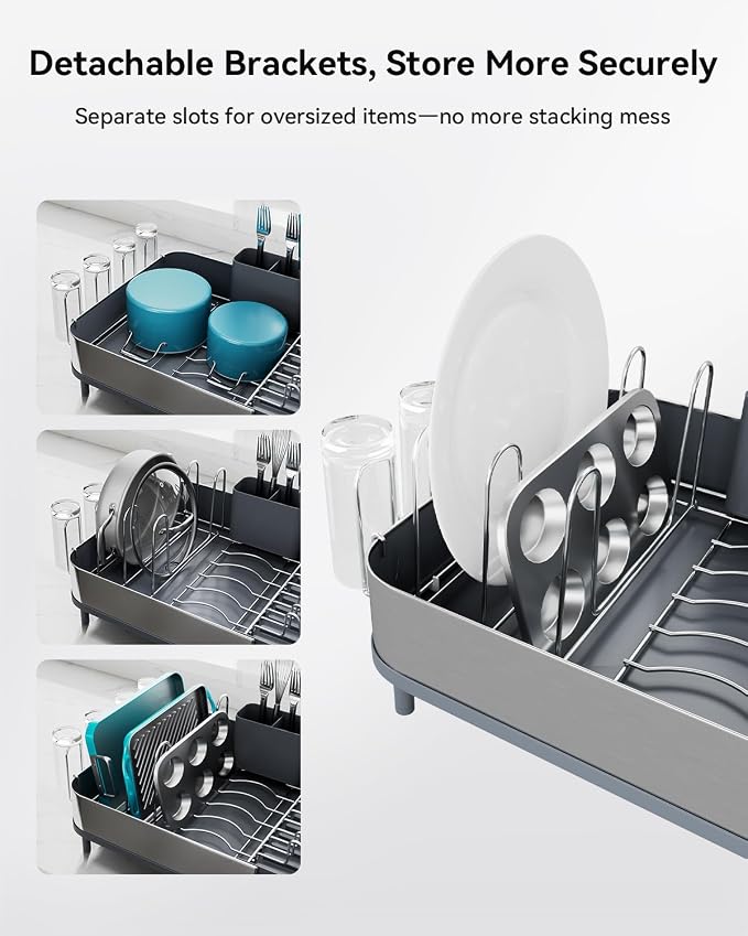 Expandable Dish Drying Rack, Versatile Brackets for Pots & Pans, Space Saving Kitchen Drying Rack, Dish Racks for Kitchen Counter, Stainless Steel Dish Drainers with Extendable Spout, Gray