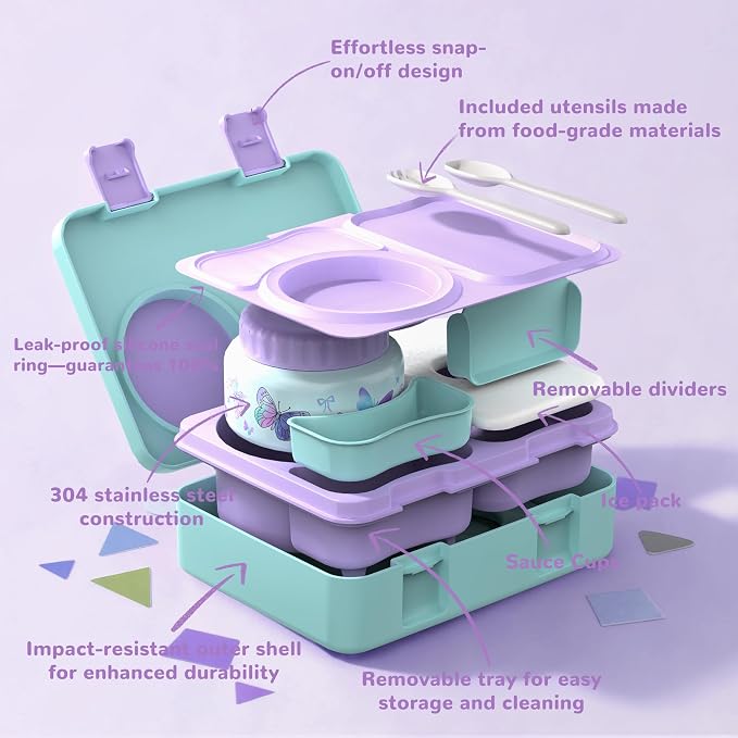 Bento Lunch Box for Kids Adult, Leakproof 3-4 Compartment Bento Box Set with Insulated Food Jar,Water Bottle, Lunch Bag, School Lunch Container for Toddler Teen Girls Boys Ages 3+(Butterfly)