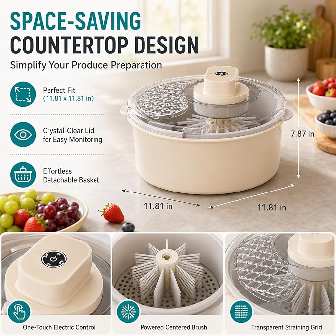 Electric Fruit Cleaner Spinner, 2-in-1 Salad Spinner, Strainer & Food Dryer, Multifunctional Fruit & Vegetable Washing Spinner Bowl, Home One-Touch Cordless Produce Cleaner Device (Yellow,Manual)