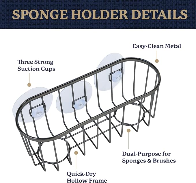 Farberware Metal Sponge Holder for Kitchen Sink, 7.13"x2.88"x3" | Triple suction cups grip steel, glass, or tile, open frame helps dry sponges faster, holds soap and brushes too