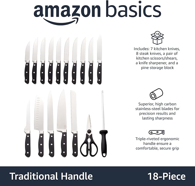Amazon Basics 18-Piece Premium High-Carbon Stainless Steel Kitchen Knife Set with Built-in Sharpener, Ergonomic Handles, Pine Wood Block, Black