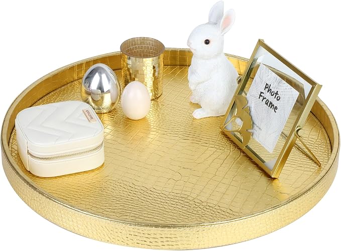 HofferRuffer Round Serving Tray 20'', Elegant Faux Leather Circle Ottoman Table Tray, Serve Tea Coffee Breakfast in Bedroom Living Room Kitchen (Gold, 20")