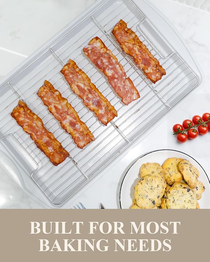 Nonstick Crisp Baking Tray With Wire Rack, Ceramic Coating Jelly Roll 15x10 Cookie Sheet Pan, Non-Toxic, PTFE & PFOA Free, Oven Safe 550°F, Dishwasher Safe, Aluminized Steel, Sunshine Cream