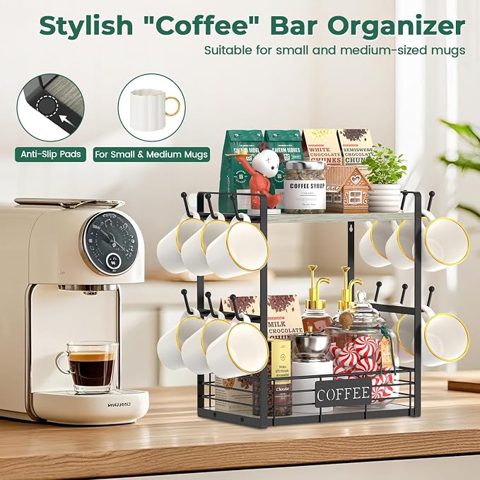 EsLuker.ly Coffee Mug Cup Holder Tree Bar Station Organizer, 2 Tier Light Grey