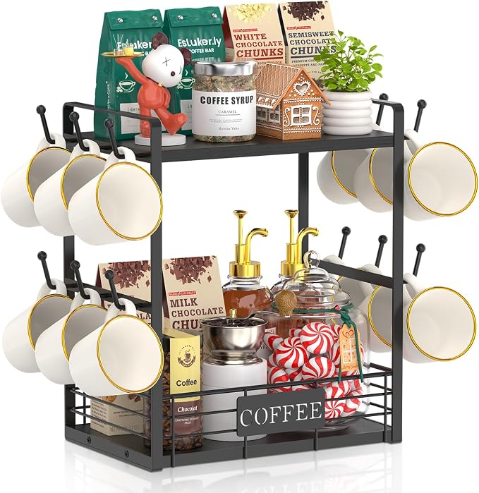 EsLuker.ly Coffee Mug Cup Holder Tree Bar Station Organizer, 2 Tier Black | Mug Stand Rack for Countertop Kitchen, Storage Tower Display Shelf with 12 Hooks, Coffee Nook Enhancer