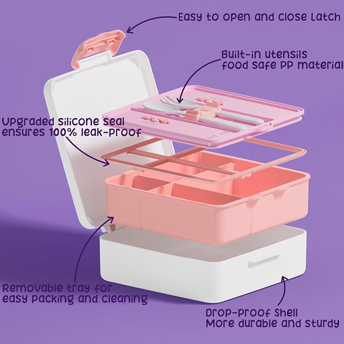 Fimibuke Bento Lunch Box for Kids, Toddler Bento Box with 4 Compartments | Leak Proof BPA Free Dishwasher Safe Lunch Container with Utensils, Ideal Portion Sizes for Ages 3-12 Girls Boys for School
