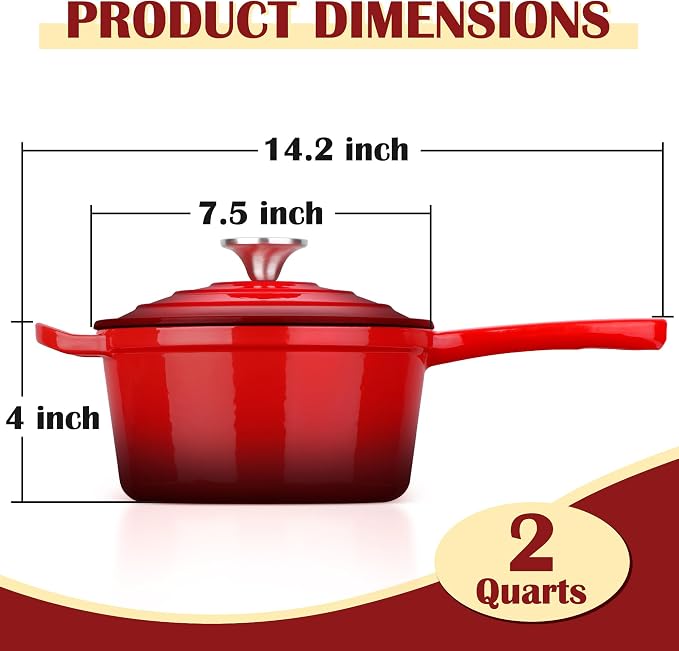 E-far Enameled Cast Iron Sauce Pan, 2 Quart Dutch Oven Saucepan with Lid, Small Sauce Pot for Cooking, Boiling, Healthy & Non Toxic, Induction & Oven Safe, Red