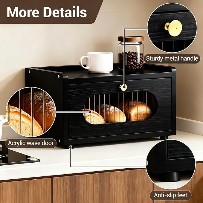 Garvee Bread Box for Kitchen Countertop, Wooden Breadbox Holder Container, Small Vintage Counter Top Breadbox, Farmhouse Stackable Organizer Bin for Homemade Food Shelf Acrylic Window Black