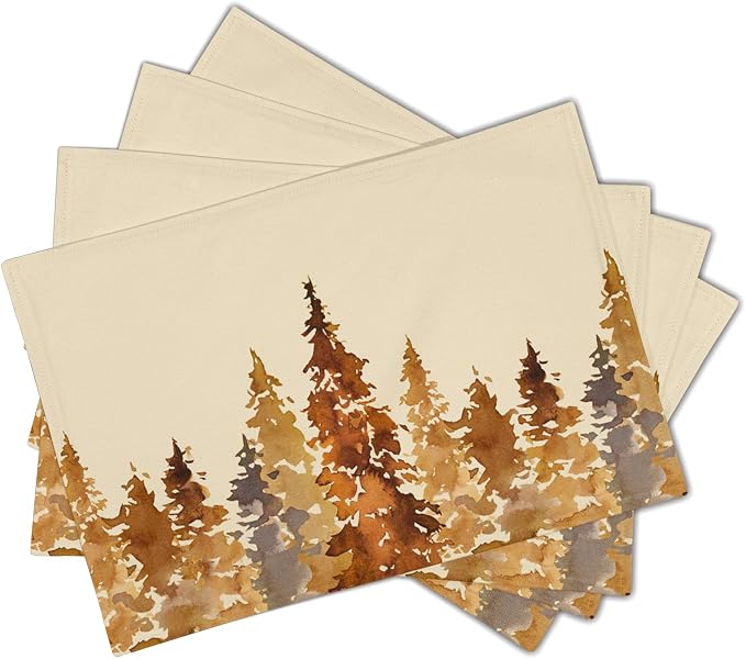 Fall Forest Placemats Set of 4 18x12 Inch Autumn Tree Linen Place Mats Heat-Resistant Washable Wipeable Orange Pine Tree Table Mat for Party Kitchen Dining Room Dinner Table Decor