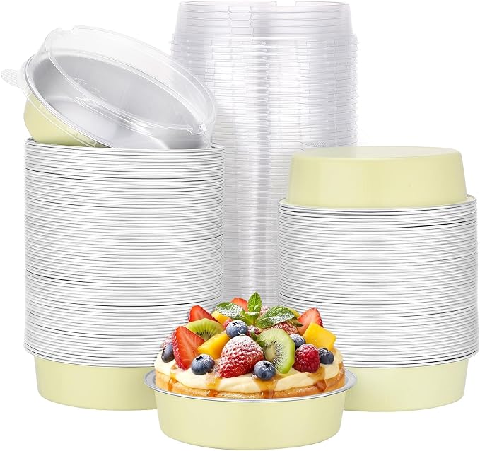Beasea Disposable Tart Pans with Lids, 120 Pack 7.3oz Mini Pie Tins Creme Brulee Ramekins Aluminum Foil Pie Tart Cake Baking Pans Tins Cheesecake Containers for Birthday Party - Sage Green