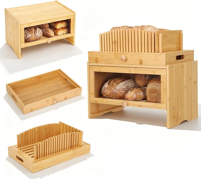 3in1 Bread Box for Kitchen Countertopm with Bread Slicer Bread Serving Tray | Bamboo Bread Storage for Homemade Bread, Bread Slicer for Homemade Bread for Slicer Storage and Bread Tray