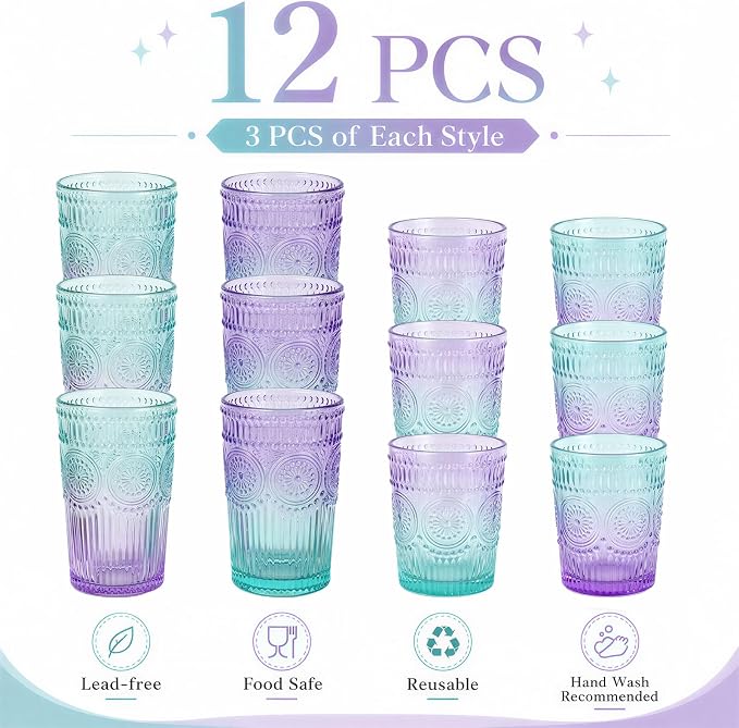 Loivttvv 12pcs Vintage Glassware Drinking Glasses Set, 12oz Highball Glasses & 9oz Embossed Ribbed Glass Cups for Cocktail, Water, Juice, Coffee (Blue & Purple)