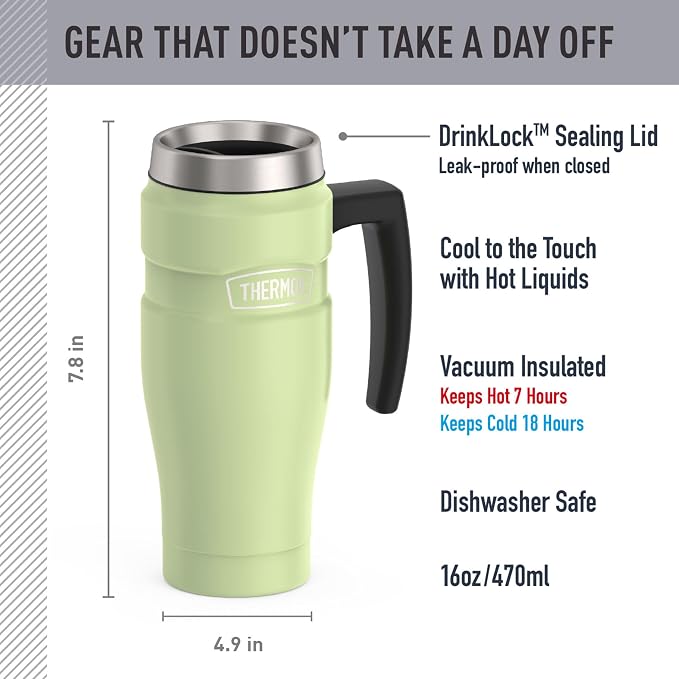 THERMOS Stainless King Travel Mug with Handle, 16oz, Matte Green | Vacuum-Insulated Travel Mug with Handle for Hot & Cold Drinks, Stainless Steel Coffee Mug with Lid for Commuting