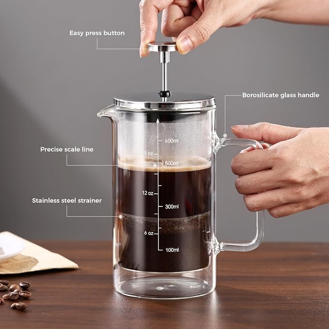 Bincoo French Press Coffee Maker 600ML,Double Wall Insulated Borolicate Glass French Press for Tea and Frothed Milk Press