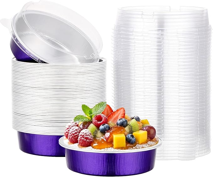 Beasea 4 Inch Pie Tins with Lids, 50 Pack 7.3 Oz Disposable Mini Tart Tins, Aluminum Foil Baking Tins Small Round Muffin Container Mini Cheesecake Cups for Pie Tart Quiche - Violet Purple
