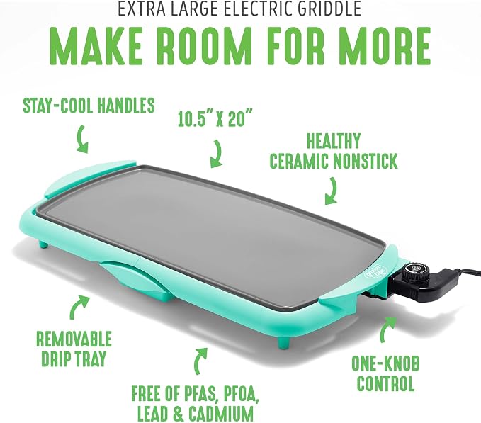 GreenLife 20" Extra Large Electric Griddle, Turquoise | PFAS-Free Ceramic Nonstick Coating, Temperature Control, Removable Dishwasher Safe Drip Tray, Pancakes, Eggs, Omelet, Burgers