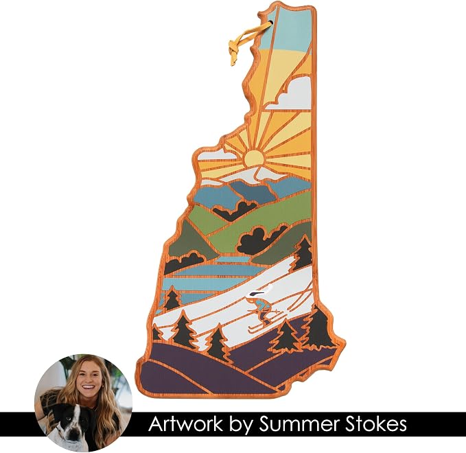 Totally Bamboo New Hampshire State Shaped Cutting Board, Summer Stokes Art | State charcuterie board with colorful hand-drawn landscape art. Smooth reverse side for food prep. Hang tie for wall display.