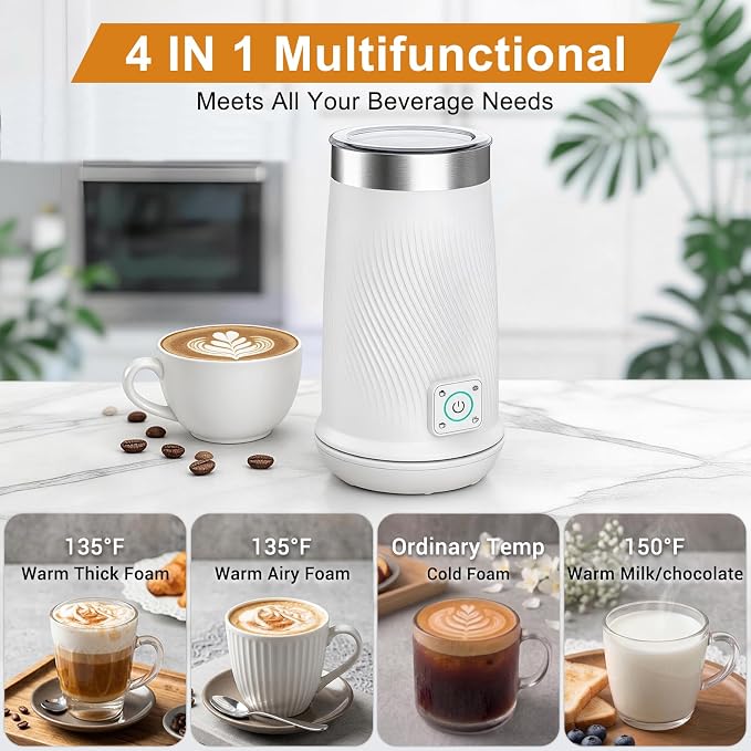 Milk Frother 4-in-1 Electric Milk Steamer, Hot Cold Foam Milk Maker, White | milk frother steamer with hot & cold foam modes 350ml capacity fast frothing for latte cappuccino macchiato & chocolate