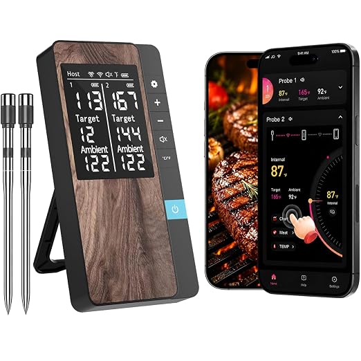 Smart Bluetooth Wireless Meat Thermometer with 2 Thin Probes | Standalone Display Base, Backlit LCD display, Certified Accuracy ±0.5°F, BBQ Smoker Grill Oven, Brisket Steak Turkey Pork